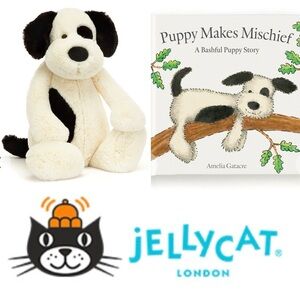 🐶🐾 Jellycat London Huge Bashful Black & Cream Puppy Makes Mischief Book VGUC